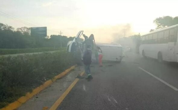 Driver transferred to hospital from single vehicle highway accident outside Akumal