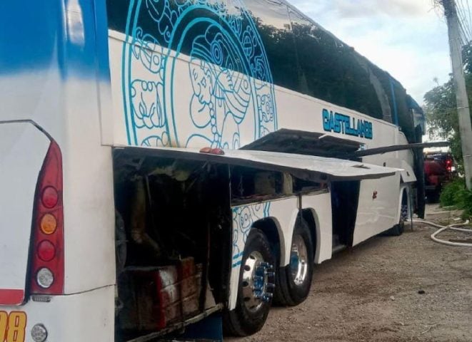 Cancun firemen respond to passenger bus that filled with smoke traveling Colosio Boulevard